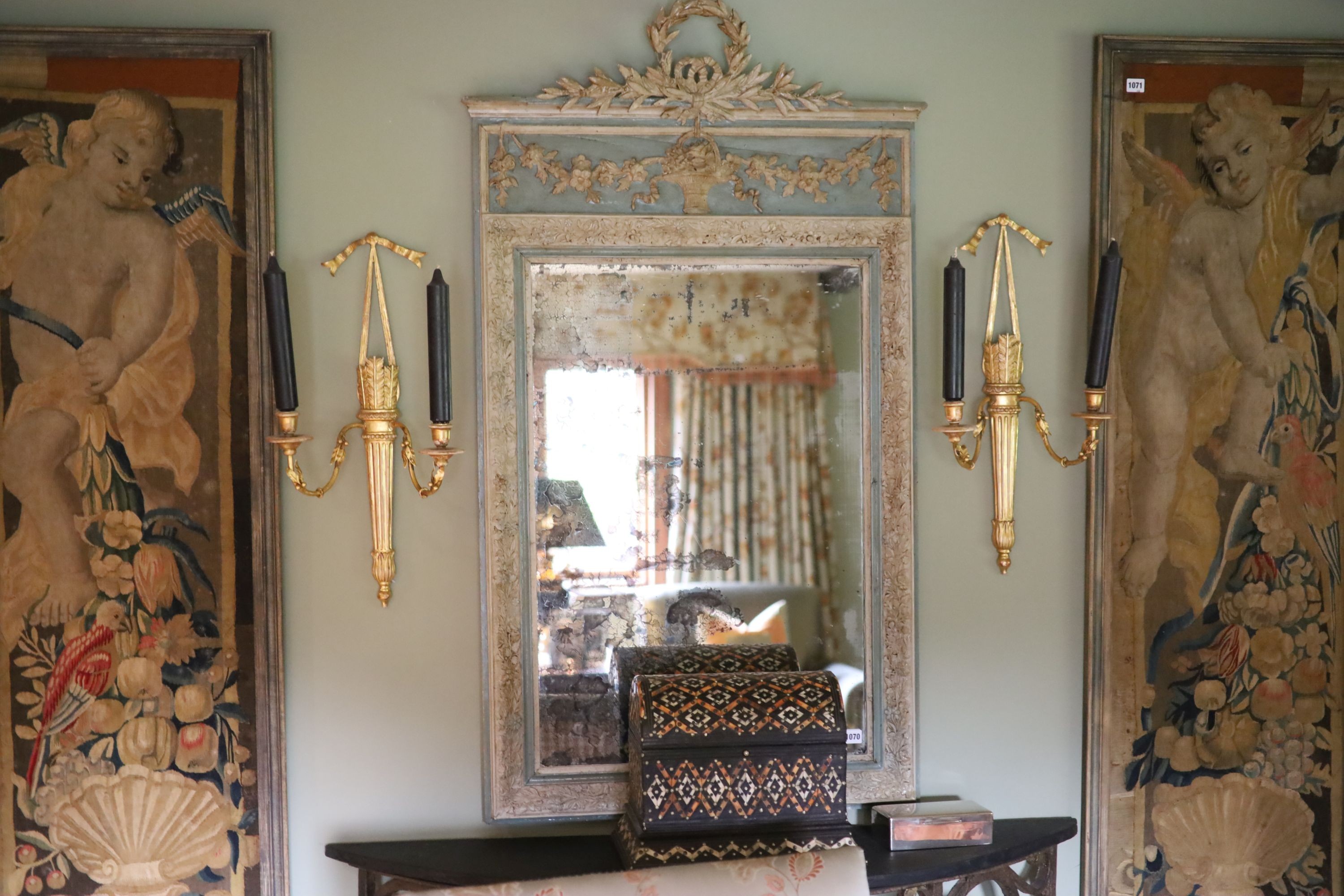 A set of four Georgian style giltwood and gesso twin branch wall lights modelled as quivers, with fruiting branches, height 61cm width 30cm